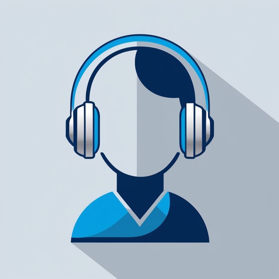 Blue and gray stylized icon of a person wearing headphones on a light background with shadow effect.