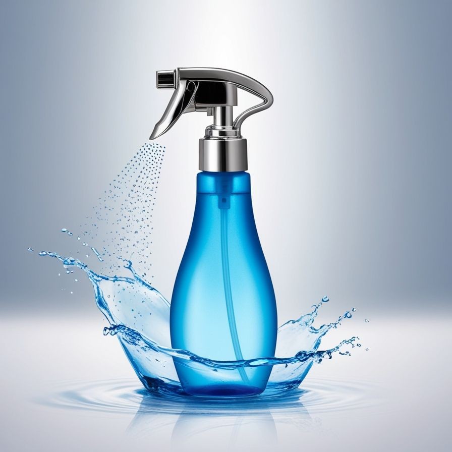 Blue spray bottle with water splash on a reflective surface.